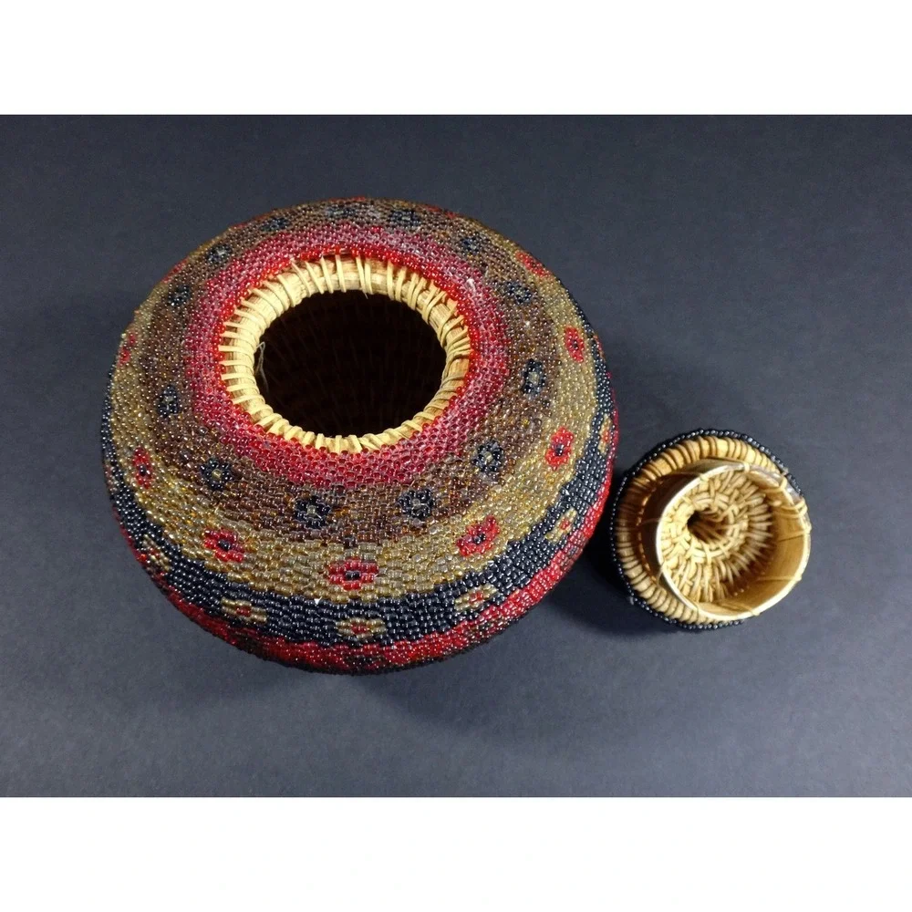 decorative folk art multicolor BEADWORK BASKET w Lid handcrafted Bali Indonesia
